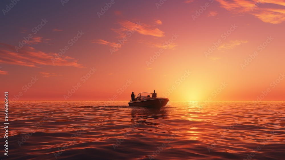 a young couple on a motorboat, gliding smoothly across calm waters. The minimalist style highlights the tranquility of the cruise trip.