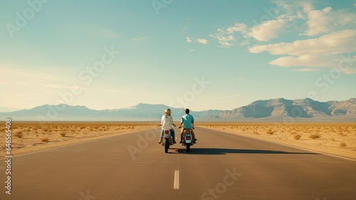a young couple on motorbikes  riding side by side and enjoying a cruise trip. The minimalist style emphasizes the freedom and simplicity of the journey.