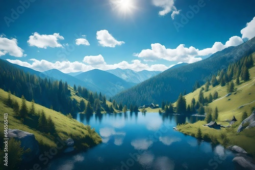 Carpathians Mountains and beautiful blue sky background. Beauty of wild Ukrainian nature. Peacefulness.
