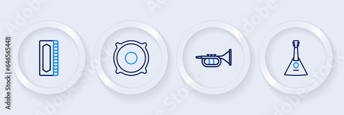 Set line Balalaika, Trumpet, Stereo speaker and Harmonica icon. Vector