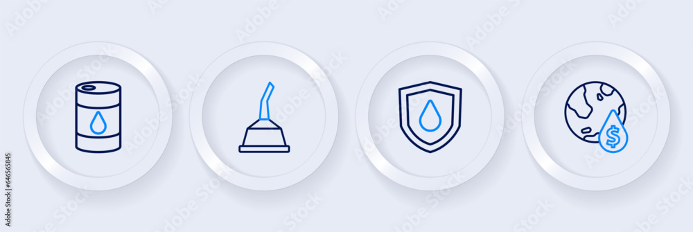 Set line Oil drop with dollar symbol, on shield, Canister for motor machine oil and Barrel icon. Vector Set line Oil drop with dollar symbol, on shield, Canister for motor machine oil and Barrel icon. Vector