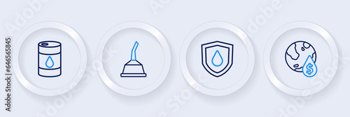 Set line Oil drop with dollar symbol, on shield, Canister for motor machine oil and Barrel icon. Vector