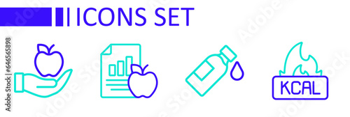 Set line Kcal, Bottle of water, Diet plan and Apple icon. Vector