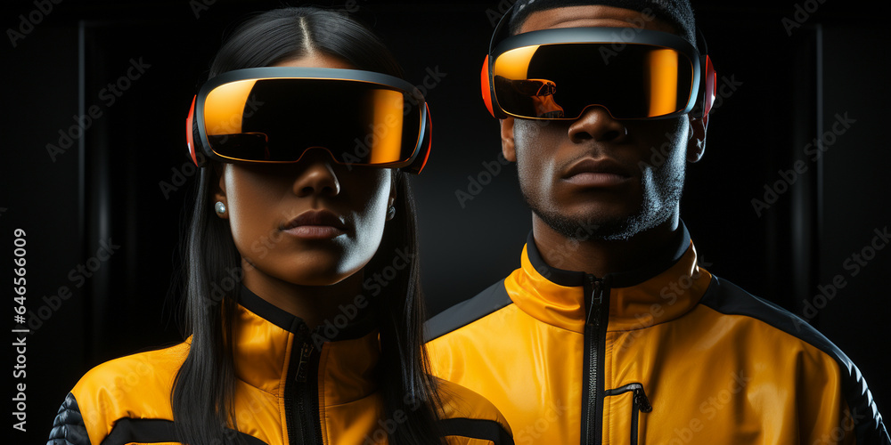 Paar mit modischer futuristischer Cyberspace Brille VR im seitlichen Profil Nahaufnahme im Querformat für Banner, ai generativ Paar mit modischer futuristischer Cyberspace Brille VR im seitlichen Profil Nahaufnahme im Querformat für Banner, ai generativ