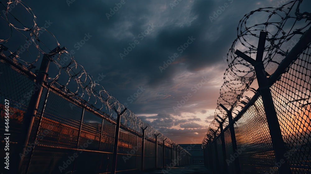 a tall chainlink fence topped with menacing barbed wire, encircling a