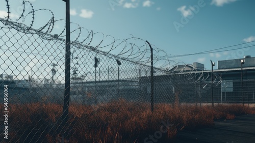 a tall chain-link fence topped with menacing barbed wire, encircling a secure facility. The composition conveys a strong sense of security and restriction.