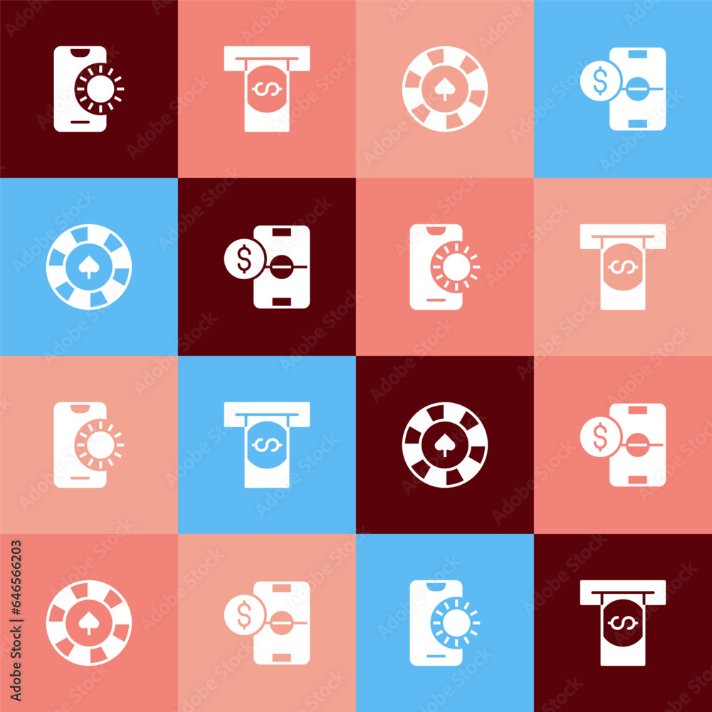 Set pop art Online sports betting, Automated teller machine and money, Casino chips and Football icon. Vector Set pop art Online sports betting, Automated teller machine and money, Casino chips and Football icon. Vector