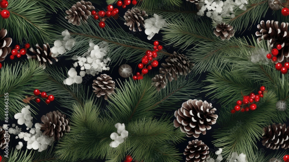 Christmas border adorned with lush fir branches, red and silver pine cones, and other exquisite decorations. The composition exudes the elegance of holiday decor. SEAMLESS PATTERN. SEAMLESS WALLPAPER.