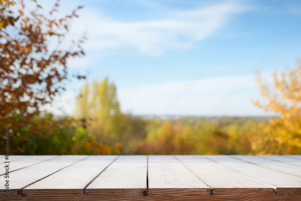 Autumn scenery with a wooden table for product display Autumn scenery with a wooden table for product display
