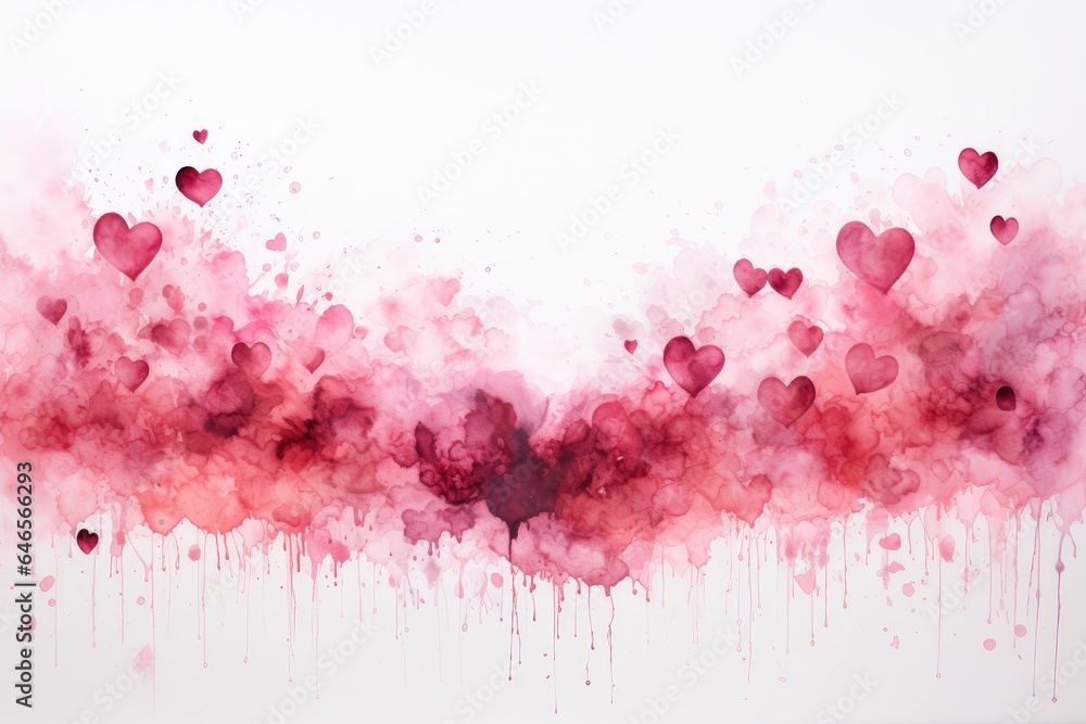 Lots of pink and burgundy watercolor hearts on a background of splashes, drops and stains of paint
