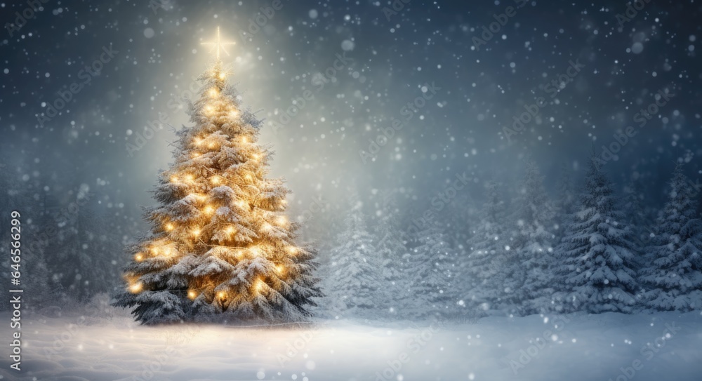 Beautiful Christmas tree with lights in abstract winter snowy landscape. Winter celebration background. Greeting card, banner concept with copy space for december holiday season. Happy New Year Beautiful Christmas tree with lights in abstract winter snowy landscape. Winter celebration background. Greeting card, banner concept with copy space for december holiday season. Happy New Year