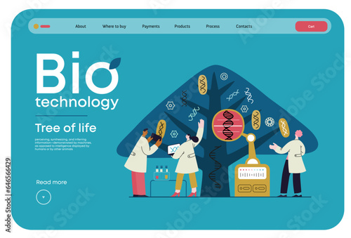 Bio Technology, Tree of life - modern flat vector concept illustration of scientists observing the tree, whose leaves represent various types of DNA. Metaphor of genetic research and diversity of life