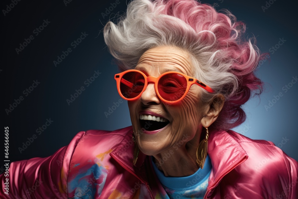 Close up photography of a funny and positive grandmother wearing colorful outfit is dancing. Generation AI Close up photography of a funny and positive grandmother wearing colorful outfit is dancing. Generation AI