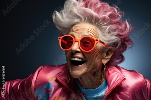 Close up photography of a funny and positive grandmother wearing colorful outfit is dancing. Generation AI