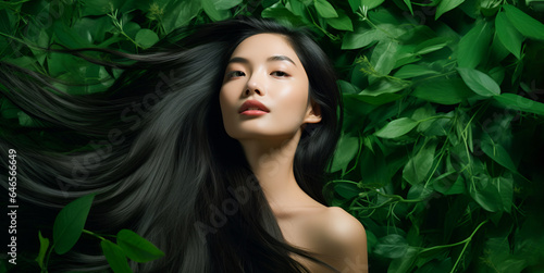 ortrait of an Asian brunette girl with long healthy hair flowing in the wind with medicinal herbs and leaves on a green background with copy space. concept of natural cosmetics for hair and body. photo