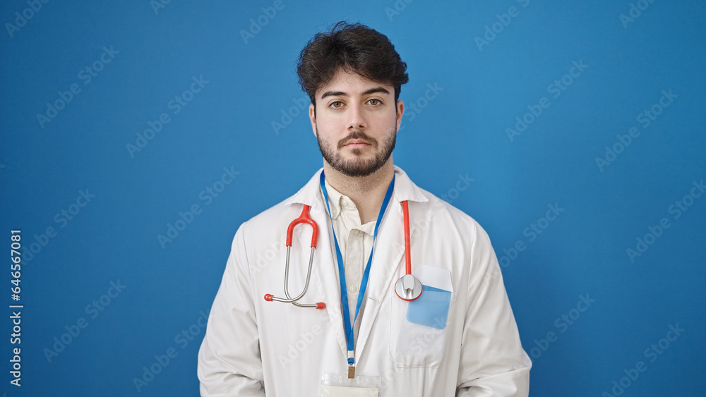 Young hispanic man doctor standing with serious expression over isolated blue background Young hispanic man doctor standing with serious expression over isolated blue background