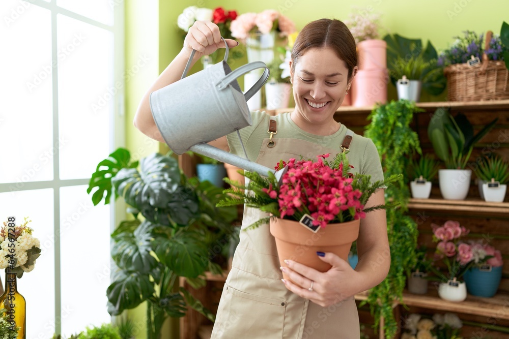 Young beautiful woman florist smiling confident watering plant at flower shop