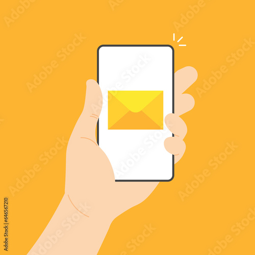 New mail notification on a screen. Yellow envelope on smartphone screen. Hand holds phone with incoming messaging. Vector illustration in modern flat style.
