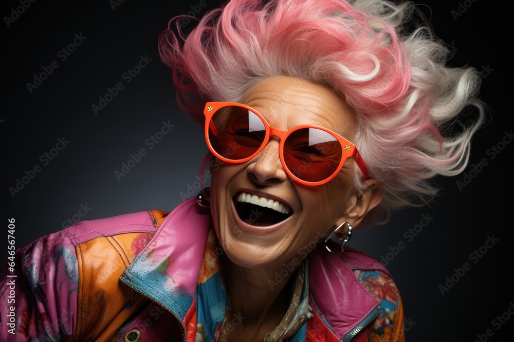 Close up photography of a funny and positive grandmother wearing colorful outfit is dancing. Generation AI Close up photography of a funny and positive grandmother wearing colorful outfit is dancing. Generation AI