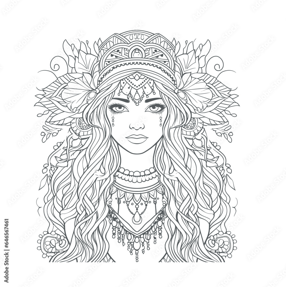 Boho style hippie only one girl coloring page for adults, simple coloring page, cartoon style Boho style hippie only one girl coloring page for adults, simple coloring page, cartoon style