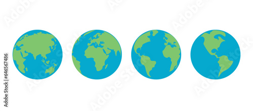 Earth Globe different sides. Planet hemispheres with continents. World map. Globes web icon. Vector illustration isolated on white background.