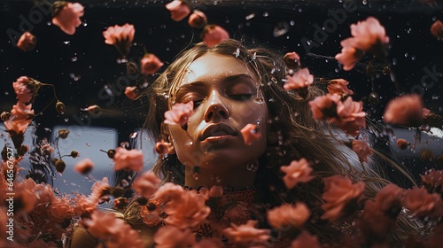 a woman close her eye under water feel calm and peaceful surround with flower float to surface, Generative Ai	


