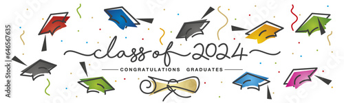 Class of 2024 handwritten typography lettering text. Hand drawn design with diploma colorful confetti and flying graduates caps Congratulations graduates. Golden and black line design white background
