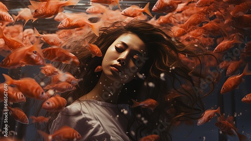 a woman close her eye under water feel calm and peaceful surround with goldfish swimming around, Generative Ai 