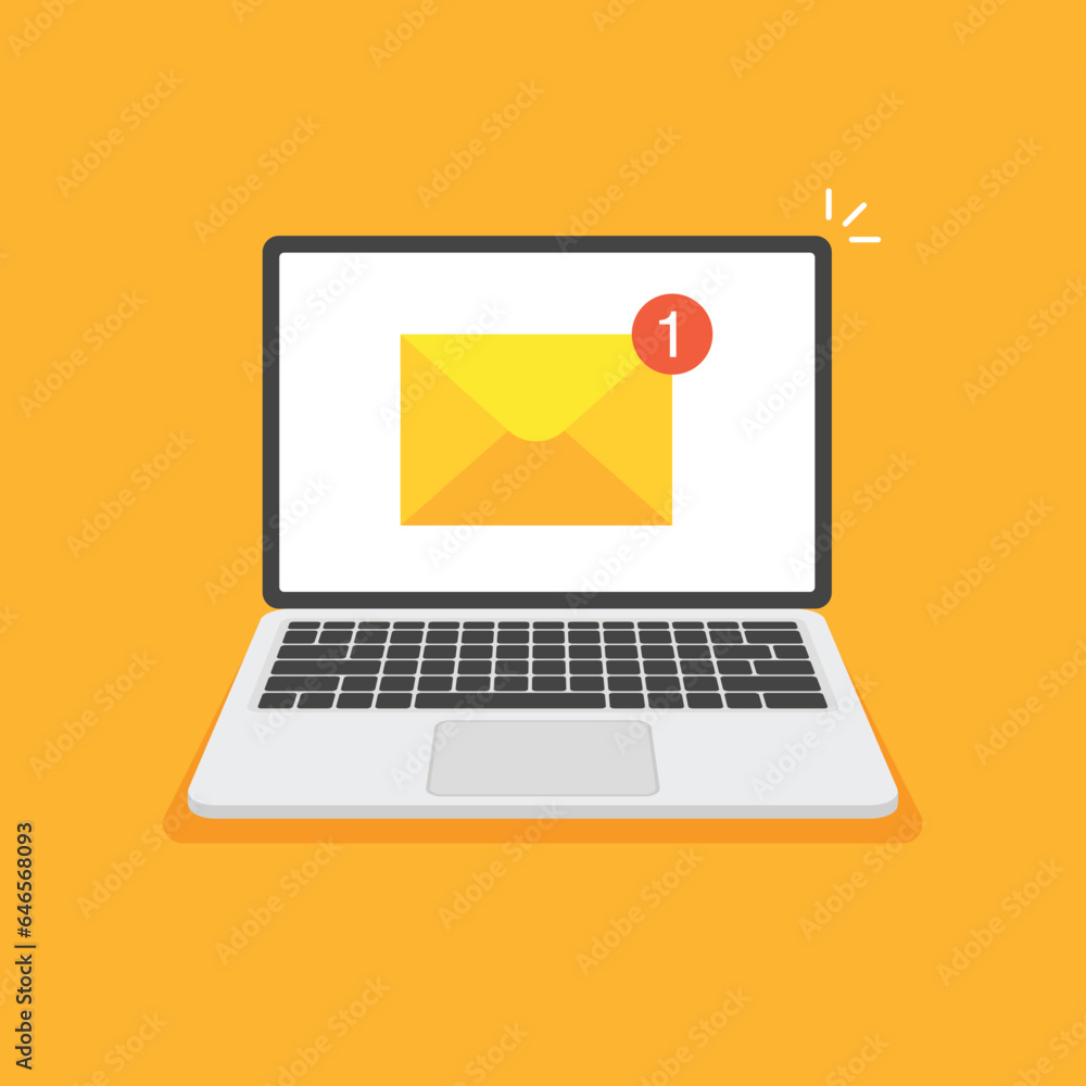 New unread mail notification on a screen laptop. Yellow envelope on computer display. Incoming messaging on inbox. Vector illustration in modern flat style. New unread mail notification on a screen laptop. Yellow envelope on computer display. Incoming messaging on inbox. Vector illustration in modern flat style.
