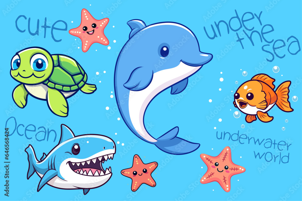 Vector cartoon of cute sea and ocean animals in sea nature background. Underwater inhabitants include shark, turtle, dolphin, fish, starfish.
Vector cartoon of cute sea and ocean animals in sea nature background. Underwater inhabitants include shark, turtle, dolphin, fish, starfish.