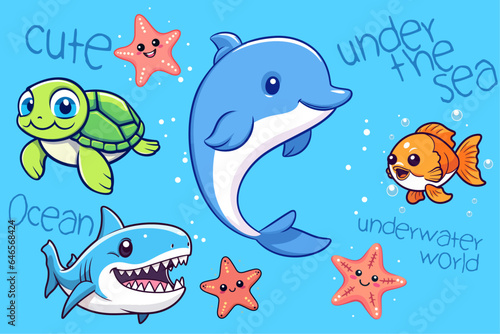 Vector cartoon of cute sea and ocean animals in sea nature background. Underwater inhabitants include shark, turtle, dolphin, fish, starfish.
