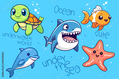 Cute sea and ocean animals - shark, turtle, dolphin, fish, starfish. Vector cartoon of underwater inhabitants in sea nature background.
