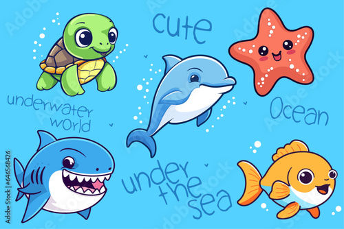 Sea and ocean animals vector cartoon - cute underwater inhabitants in sea nature background. Shark, turtle, dolphin, fish, starfish illustration.
