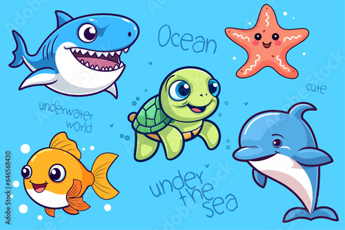 Sea nature background with cute sea and ocean animals. Shark, turtle, dolphin, fish, starfish vector cartoon. Underwater inhabitants of the sea.
