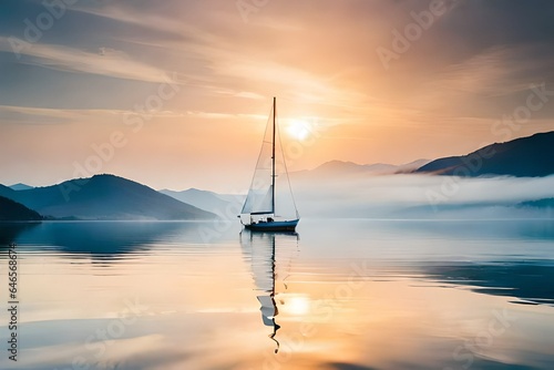 A solitary sailboat gliding gracefully across a glassy lake, its white sails billowing in the breeze.