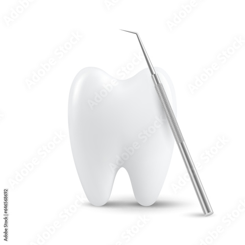 Vector 3d Realistic Tooth and Dental Probe for Teeth Closeup Isolated on White Background. Medical Dentist Tool. Design Template, Clipart, Mockup. Dentistry, Healthcare, Hygiene Concept © gomolach