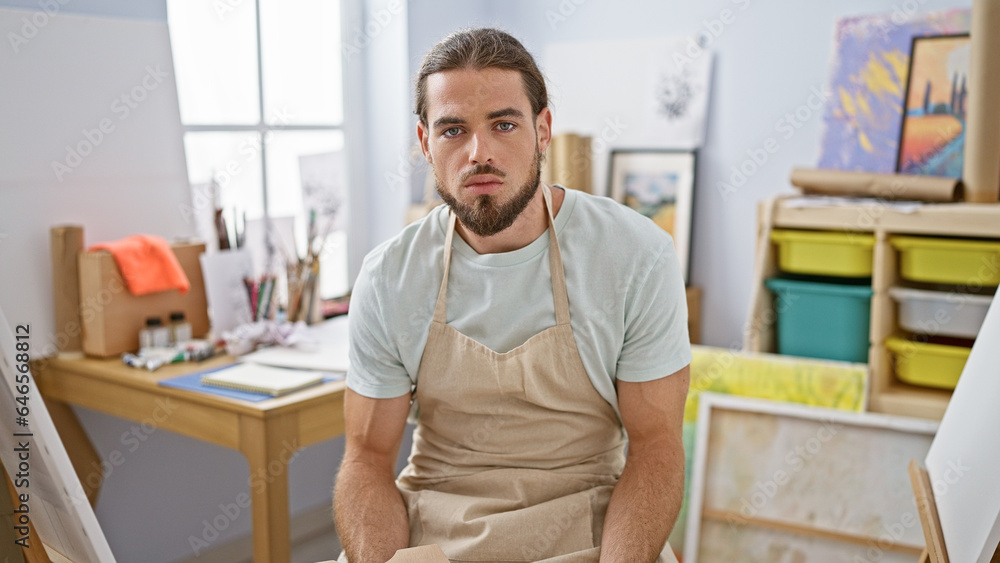 Young hispanic man artist sitting on chair with serious face at art studio Young hispanic man artist sitting on chair with serious face at art studio
