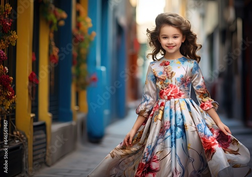 Asian girl wearing flower blossom pattern dress walking happily on city street, Generative Ai © QuietWord