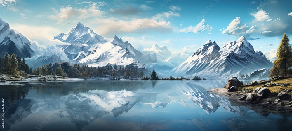 beautiful ice glacier river with snowy mountain nature scenery background, Generative Ai