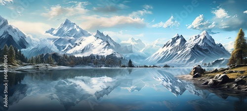 beautiful ice glacier river with snowy mountain nature scenery background, Generative Ai