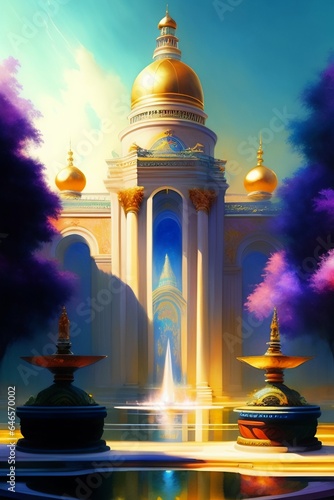 A neoclassical tower with a dome on a fantasy city next to a fountain and a mystical palace. intricate, amazing composition, colorful watercolor, 