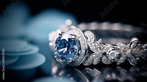 An engagement wedding ring with aquamarine-blue sapphire and diamonds. Creative 
inspiring concept for jewellery design. Defocused backdrop, copy space for text. AI generated design. 