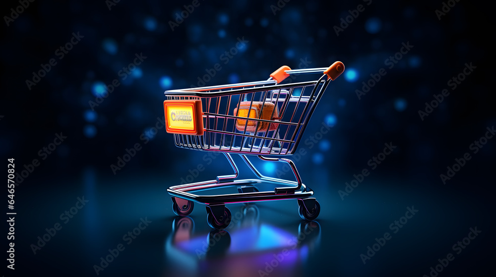 Shopping cart on dark background. Online shopping concept