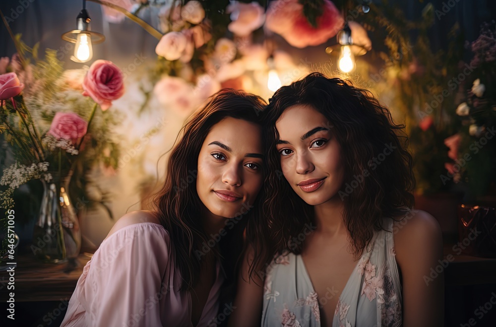 two girls smiling sitting together in  romantic flower garden, idea for best friend and LGBTQ lover, Generative Ai