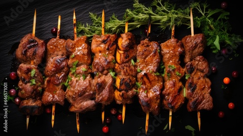 chicken kebab on skewers on a black background
