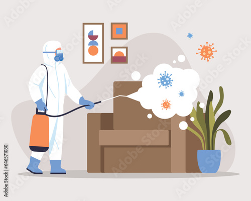 Vector illustration of room disinfection isolated on white background. Cartoon scene of a guy in protective clothing and a mask, spraying disinfectant indoors against germs and viruses.