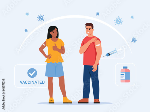 Vector illustration of vaccinating people. Cartoon scene with boy and girl getting vaccinated against Covid - 19, flu, viruses and infections with plasters on hands, syringe and bottle of vaccine.