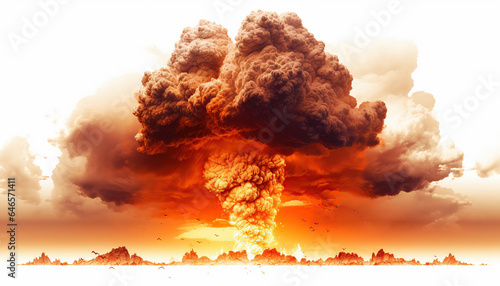 Explosión de bomba atómica aislada sobre fondo blanco. Fuego, llamas y nubes en forma de hongo.Ai generado.