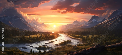 painting style illustration of beautiful nature landscape, snow mountain with river flow pass grassland, generative Ai