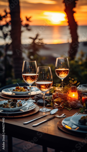 Elegante mesa de restaurante en jardín pintoresco de exterior.Tapas y aperitivos, canapés variados en la mesa con copas de vino. Luz tenue al atardecer y ambiente romántico. Ai generado.